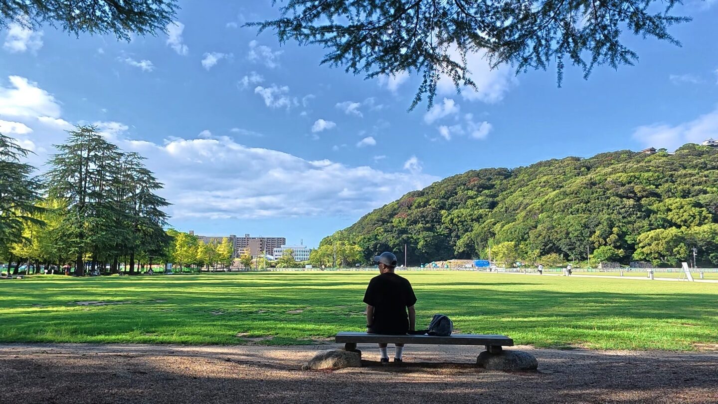 Bobby sitting alone on a bench beneath a wide blue sky